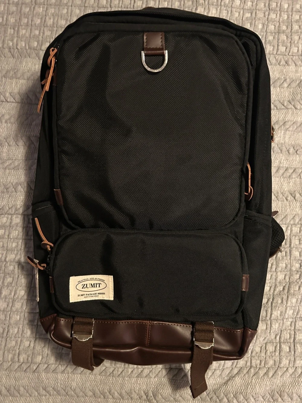 Zumit Black Backpack with Brown Trim and Leather-Look Base
